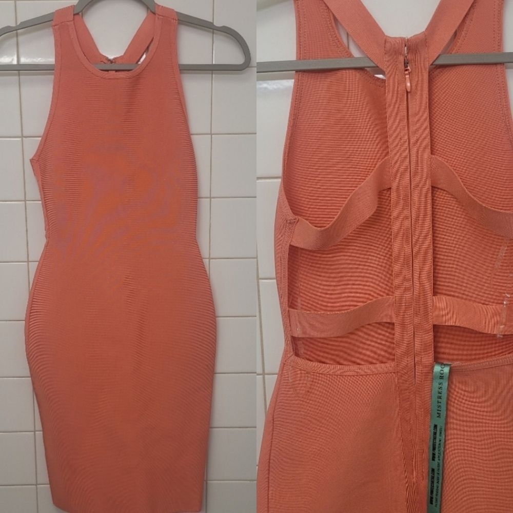 House of CB Mistress Rocks Rib Bodycon Strappy Back Stretchy Peach Dress XS